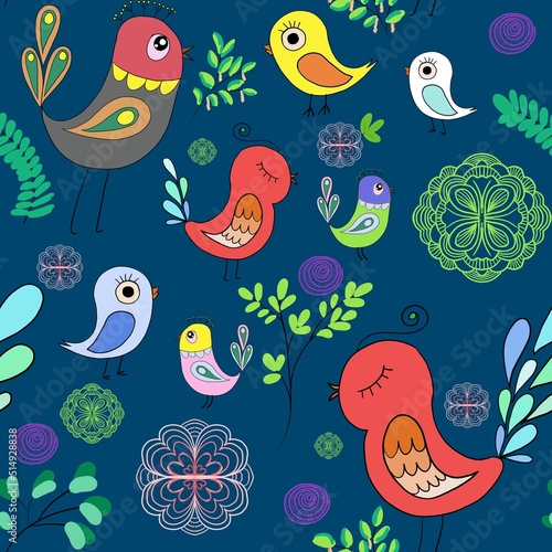 Seamless bright multi-colored pattern of birds in love and flowers on a light background. Design template for wallpaper, fabric or web page. © Larisa Koyashova