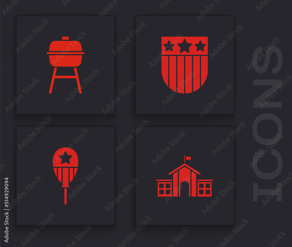 Set United States Capitol Congress, Barbecue grill, Shield with stars and Balloons icon. Vector