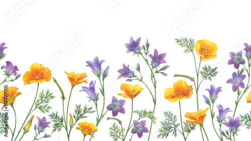 Seamless pattern  border  frame with bluebell  rapunzel  bellflower  Campanula patula  and golden Eschscholzia  California poppy  flowers. Watercolor painting illustration isolated on white background