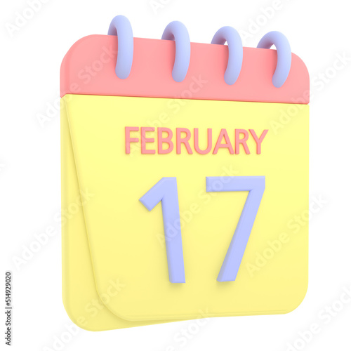 17th February 3D calendar icon. Web style. High resolution image. White background