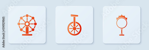 Set Unicycle or one wheel bicycle, Ferris and Circus fire hoop. White square button. Vector