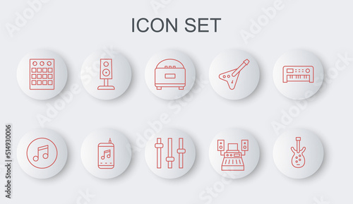 Set line Electric bass guitar, Music note, tone, Stereo speaker, recording studio, Drum machine, player and equalizer icon. Vector