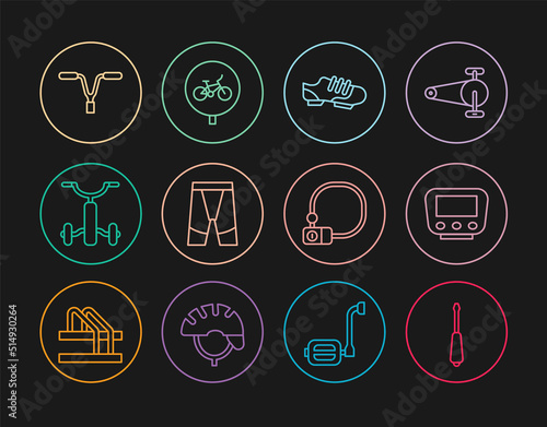 Set line Screwdriver, Bicycle speedometer, shoes, Cycling shorts, for kids, handlebar, lock and icon. Vector