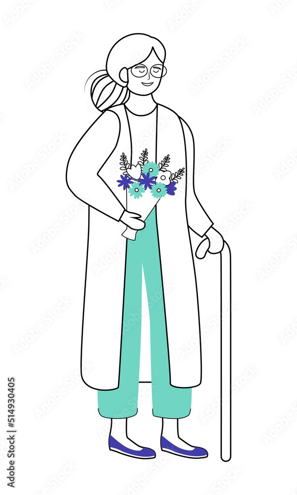 Peacefully smiling woman with cane for walking semi flat color vector character. Standing figure. Full body person on white. Simple cartoon style illustration for web graphic design and animation