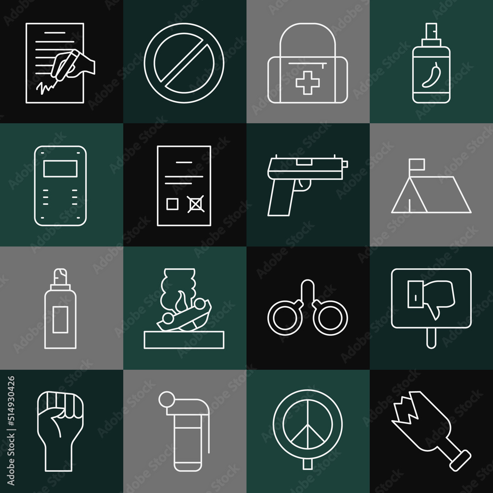 Set line Broken bottle as weapon, Protest, camp, First aid kit, Poll document, Police assault shield, Petition and Pistol or gun icon. Vector Set line Broken bottle as weapon, Protest, camp, First aid kit, Poll document, Police assault shield, Petition and Pistol or gun icon. Vector
