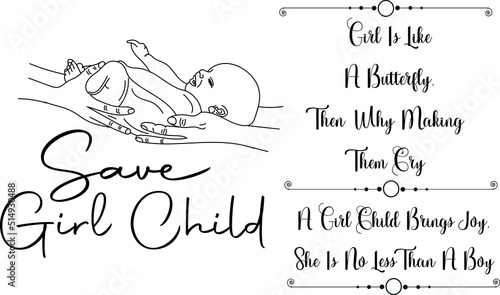 Fotografiet Save Girl child quotes Poster with new born baby girl sketch drawing, Save girl