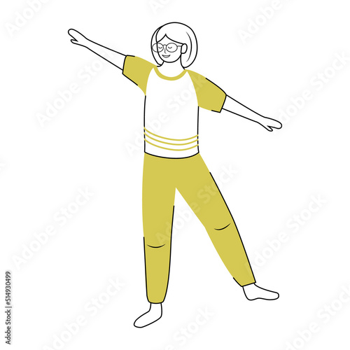 Girl training balance with exercise semi flat color vector character. Tightrope walk. Standing figure. Full body person on white. Simple cartoon style illustration for web graphic design and animation