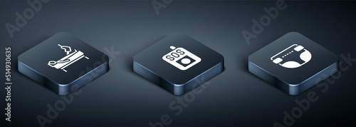 Set Isometric Patient with broken leg, Adult diaper and Press the SOS button icon. Vector