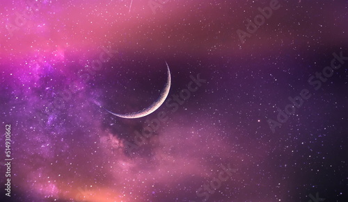  orange sunset and moon on lilac blue starry night dramatic clouds nebula universe