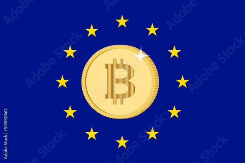 European Union flag and bitcoin coin. Cryptocurrency tax regulation on Europe