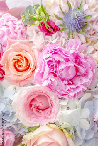 Fototapeta Naklejka Na Ścianę i Meble -  Flower bouquet with peony and roses, pastel festive and wedding background
