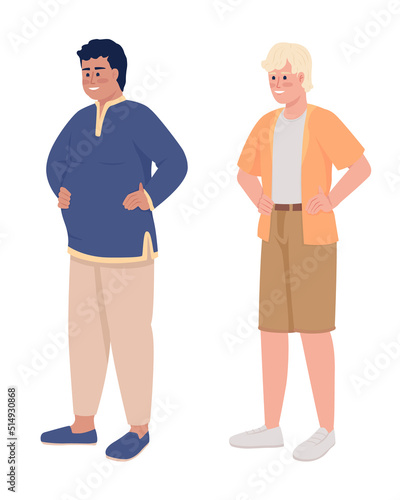 Joyful young men semi flat color vector characters set. Editable figure. Full body people on white. Racial diversity simple cartoon style illustration for web graphic design and animation pack