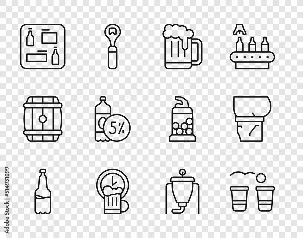 Set line Plastic beer bottle, Beer pong game, Wooden mug, Happy hour, menu, brewing process and belly icon. Vector Set line Plastic beer bottle, Beer pong game, Wooden mug, Happy hour, menu, brewing process and belly icon. Vector