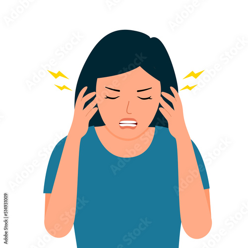 Woman having migraine headache symptom in flat design on white background.
