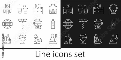 Set line Cold beer bottle, Plastic, Pack of bottles, Wine corkscrew, Bottle cap with, Store building shop, Wooden barrel on rack and Beer pong game icon. Vector