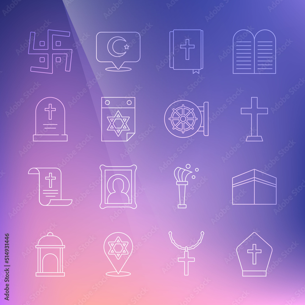 Set line Pope hat, Kaaba mosque, Christian cross, Holy bible book, Jewish calendar, Tombstone with, Hindu swastika and Dharma wheel icon. Vector Set line Pope hat, Kaaba mosque, Christian cross, Holy bible book, Jewish calendar, Tombstone with, Hindu swastika and Dharma wheel icon. Vector