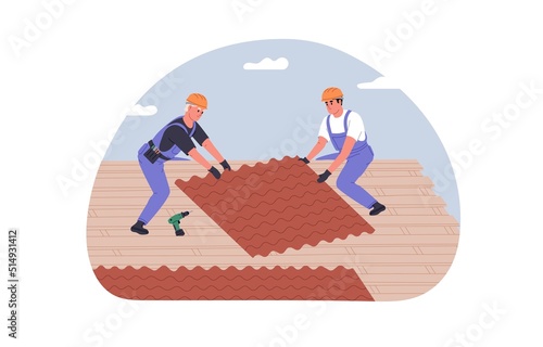 Workers on roof during house construction, renovation. Builders in helmets installing, laying shingle tiles on buildings rooftop. Work at height. Flat vector illustration isolated on white background