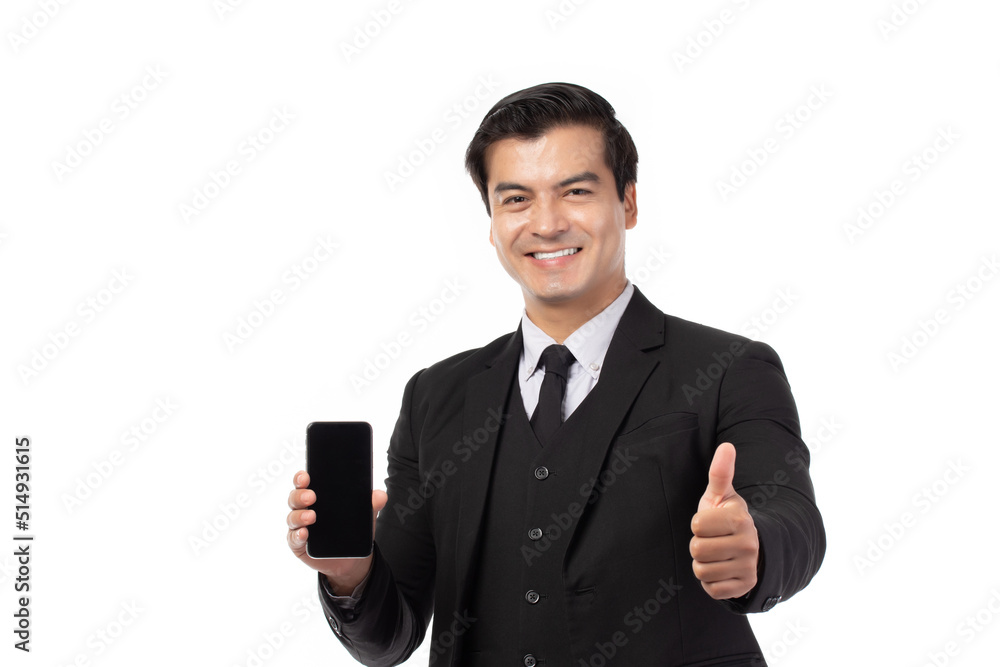 Portrait businessman working on new tablet, mobile phone in white studio. Portrait of a confident business man in black suit feeling happy and smile holding tablet or mobile phone isolated on white. Portrait businessman working on new tablet, mobile phone in white studio. Portrait of a confident business man in black suit feeling happy and smile holding tablet or mobile phone isolated on white.