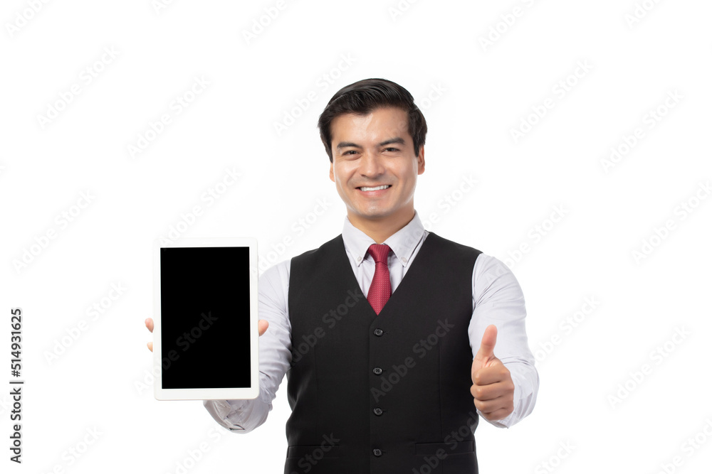 Portrait businessman working on new tablet, mobile phone in white studio. Portrait of a confident business man in black suit feeling happy and smile holding tablet or mobile phone isolated on white.