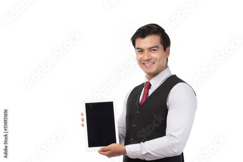 Portrait businessman working on new tablet, mobile phone in white studio. Portrait of a confident business man in black suit feeling happy and smile holding tablet or mobile phone isolated on white.