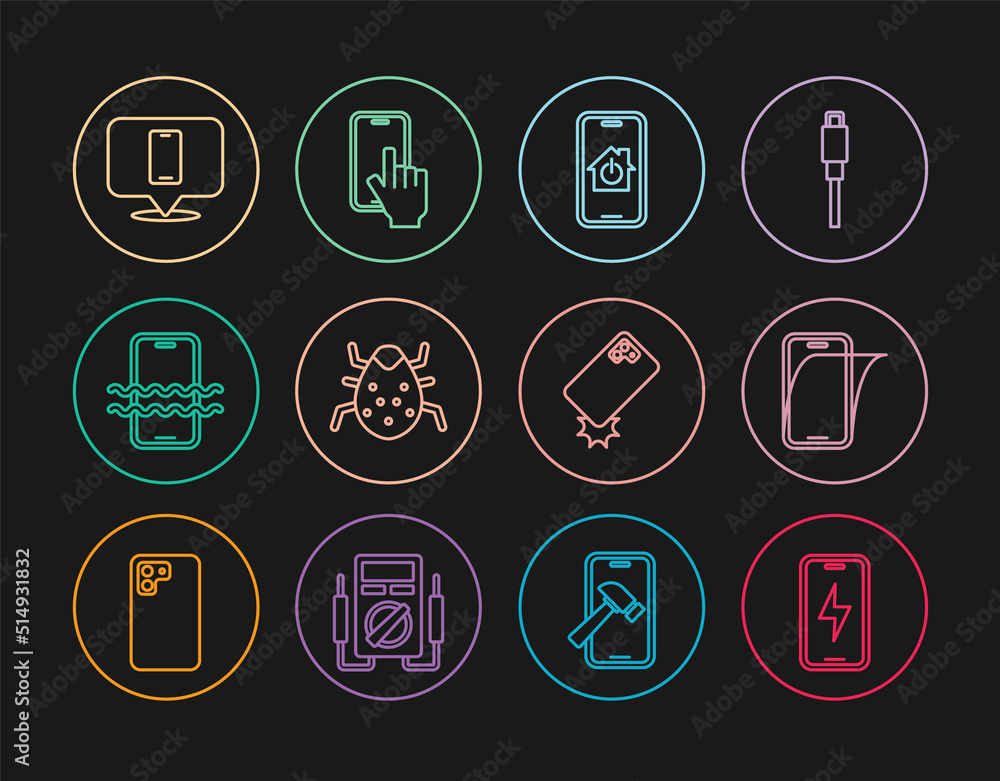 Set line Mobile charging battery, Glass screen protector, with smart home, System bug, Waterproof phone, Phone repair service, Shockproof and icon. Vector Set line Mobile charging battery, Glass screen protector, with smart home, System bug, Waterproof phone, Phone repair service, Shockproof and icon. Vector