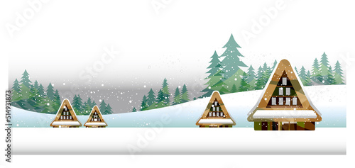 古民家のある美しい日本の山里の風景。収穫の秋、稲刈りに励む人々。日本の古民家、合掌造りのある美しい山里の風景。
青い空と白い雲。赤く染まる夕焼けの里の風景。
