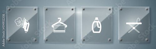 Set Iron and ironing board, Bottle for cleaning agent, Towel hanger and Electric. Square glass panels. Vector