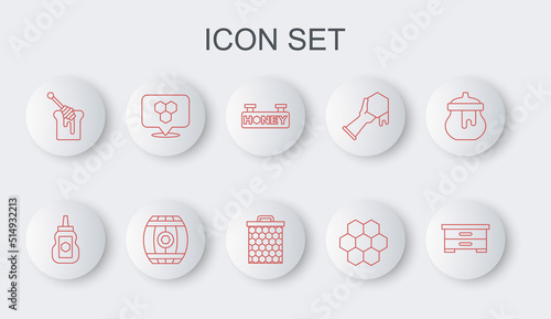Set line Hive for bees, Jar of honey, Hanging sign with honeycomb, Honeycomb, dipper stick, location, Wooden barrel and icon. Vector