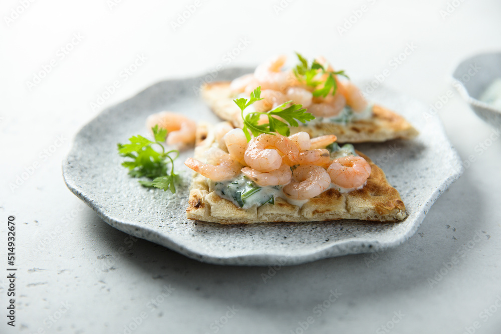 Sandwich with cream cheese and shrimps