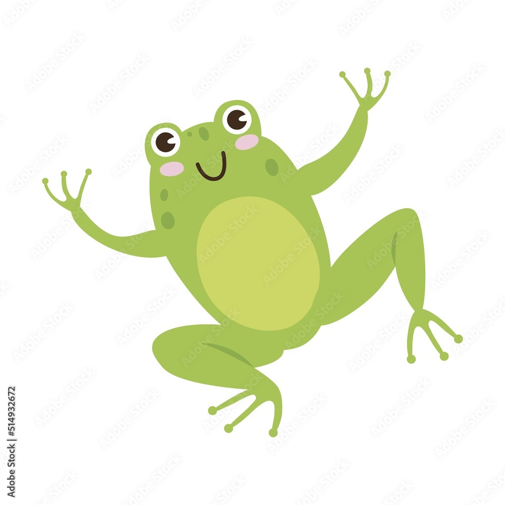 Cute frog cartoon character vector illustration. Green toad jumping and catching dragonflies isolated on white Cute frog cartoon character vector illustration. Green toad jumping and catching dragonflies isolated on white