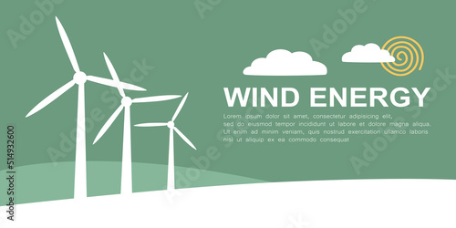 Wind turbine generator illustration banner. Wind power to generate electricity. Low carbon power to limit climate change. The renewable and clean energy source for sustainable development.