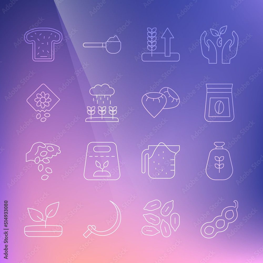 Set line Green peas, Bag of flour, coffee beans, Wheat, Plant sprouts grow in the rain, Pack full seeds plant, Bread toast and Seed icon. Vector Set line Green peas, Bag of flour, coffee beans, Wheat, Plant sprouts grow in the rain, Pack full seeds plant, Bread toast and Seed icon. Vector