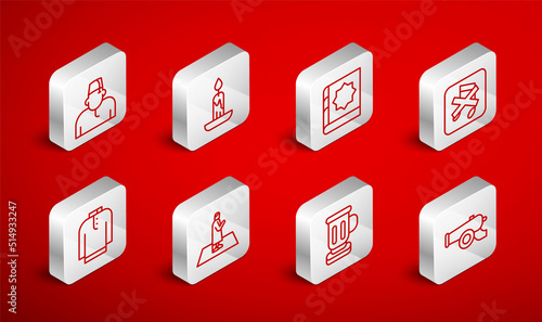 Set line Ramadan cannon, Burning candle, Holy book of Koran, Speaker mute, Medieval goblet, Muslim man, prays and Shirt kurta icon. Vector