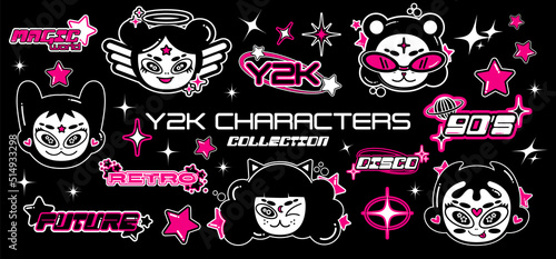 Retro cartoon girl character in Y2K style. Elements with stars for 90s design. Collection of vector objects