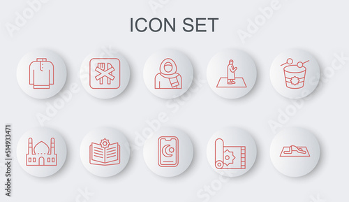 Set line Muslim man prays, Mosque, woman in hijab, Traditional carpet, Shirt kurta, Ramadan fasting, Holy book of Koran and Star and crescent icon. Vector