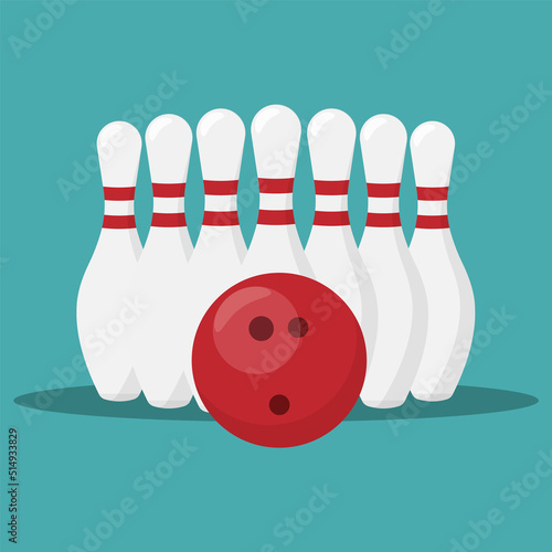 White bowling skittles and red ball. Vector illustration.