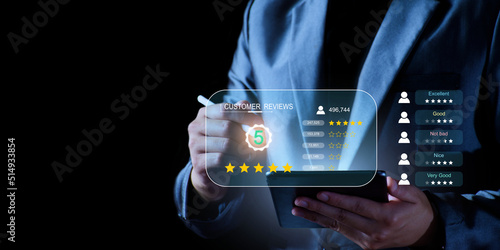 Customer satisfaction. Business Owners View Customer Satisfaction Review Score, Mobile Phone, Happy Customer, Rating High Review, Five Star, Product and Service Review Premium, High Satisfaction Score