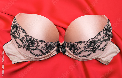 Women's delicate and sexy bra on red satin.