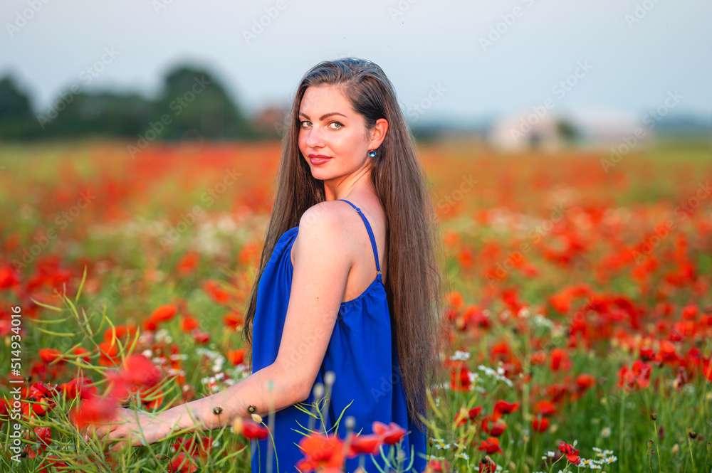 portrait of elegant young woman in poppy field in evening sunlight portrait of elegant young woman in poppy field in evening sunlight