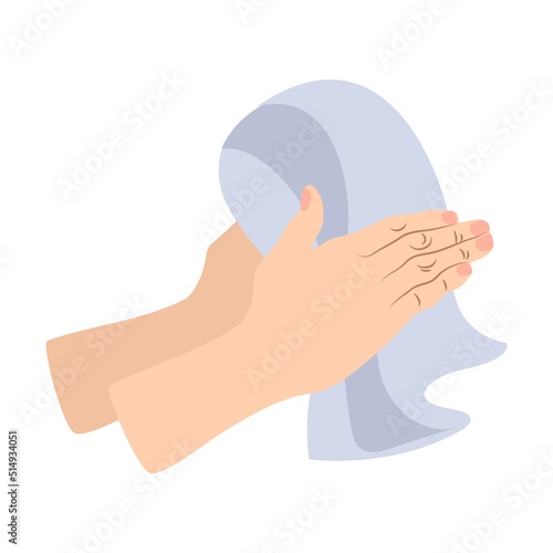 Hand holding a towel hygiene cartoon illustration. Hands washing steps, using liquid soap, sanitizer and dry wipes. Healthy life, medical disinfection
