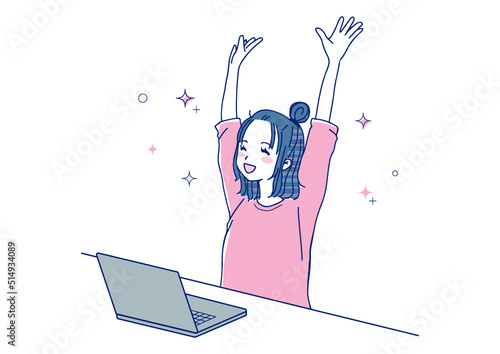 パソコンの前で喜ぶ女性のイラスト（カラー）