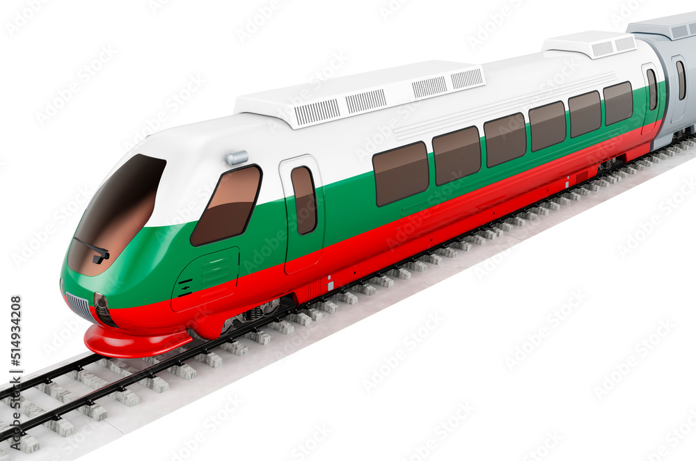 Fototapeta premium Bulgarian flag painted on the high speed train. Rail travel in the Bulgaria, concept. 3D rendering