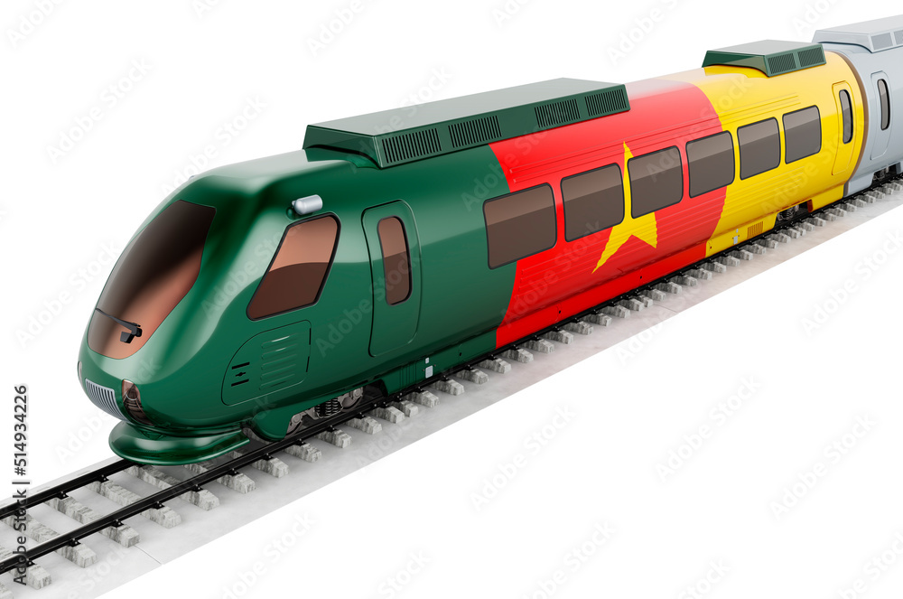 Cameroonian flag painted on the high speed train. Rail travel in the Cameroon, concept. 3D rendering Cameroonian flag painted on the high speed train. Rail travel in the Cameroon, concept. 3D rendering
