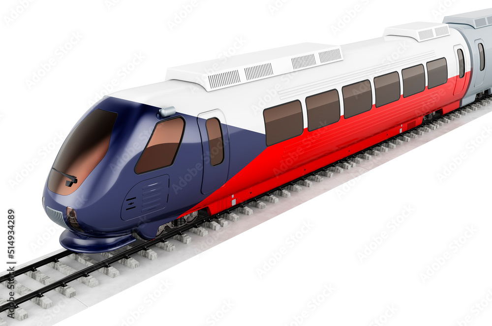 Czech flag painted on the high speed train. Rail travel in the Czech Republic, concept. 3D rendering Czech flag painted on the high speed train. Rail travel in the Czech Republic, concept. 3D rendering