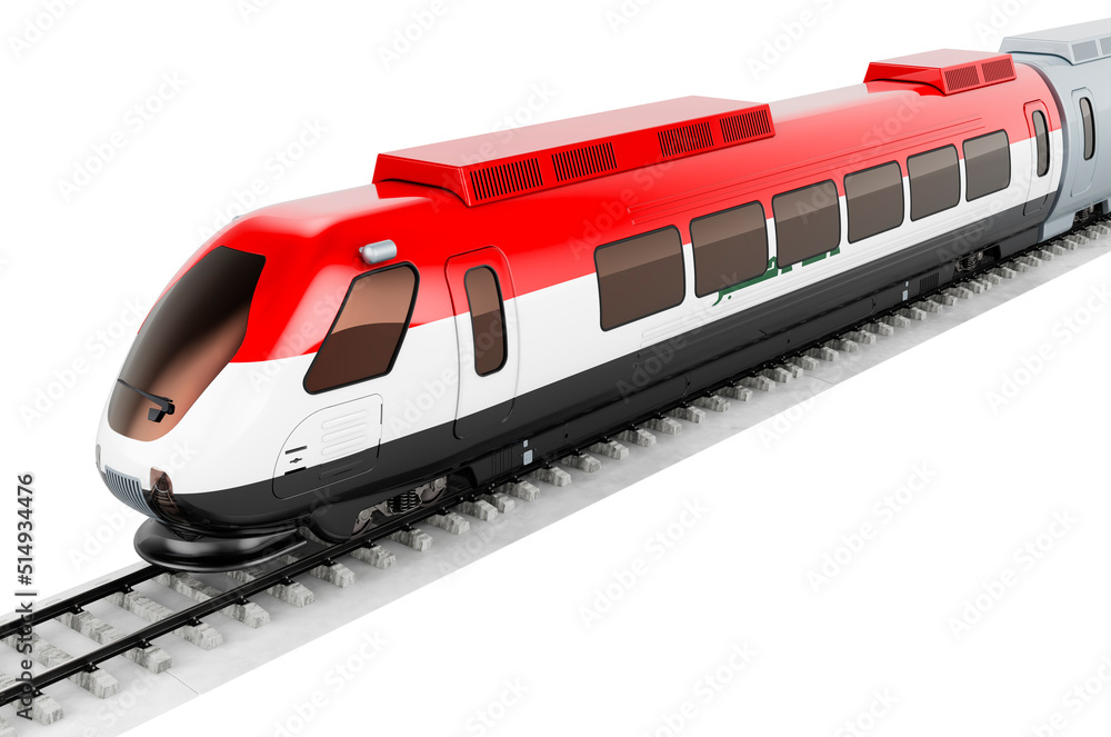 Iraqi flag painted on the high speed train. Rail travel in the Iraq, concept. 3D rendering Iraqi flag painted on the high speed train. Rail travel in the Iraq, concept. 3D rendering