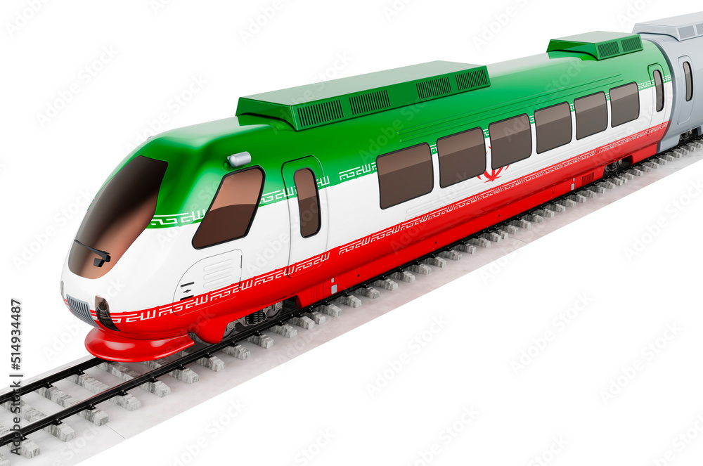 Iranian flag painted on the high speed train. Rail travel in the Iran, concept. 3D rendering Iranian flag painted on the high speed train. Rail travel in the Iran, concept. 3D rendering