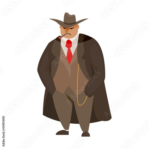 Criminal boss in hat, mafia boss, bodyguard, people in masks with pistols isolated on white. Gangster and mafia cartoon character vector illustration