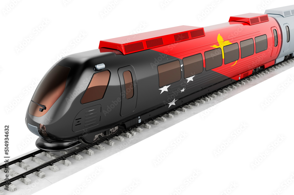 Papuan New Guinean flag painted on the high speed train. Rail travel in the Papua New Guinea, concept. 3D rendering Papuan New Guinean flag painted on the high speed train. Rail travel in the Papua New Guinea, concept. 3D rendering