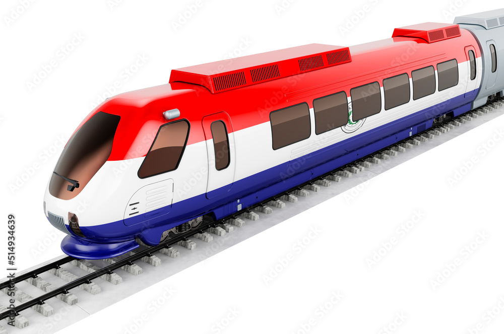 Paraguayan flag painted on the high speed train. Rail travel in the Paraguay, concept. 3D rendering Paraguayan flag painted on the high speed train. Rail travel in the Paraguay, concept. 3D rendering