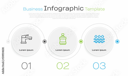 Set line Water tap, Big bottle with clean water and Waves of and evaporation. Business infographic template. Vector